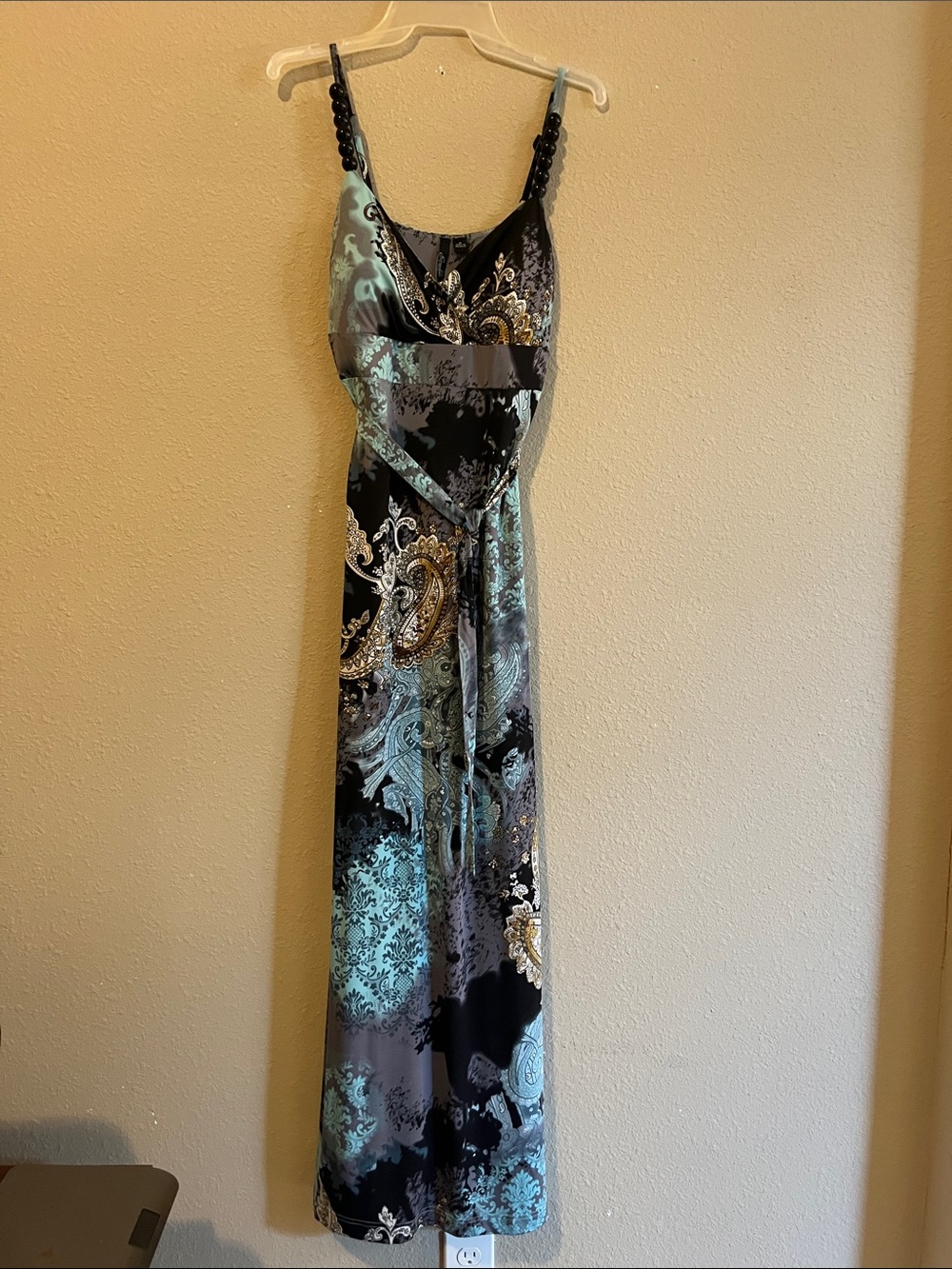 Essentials women’s Paisley Print Spaghetti Strap Maxi Dress - Black & Teal M
